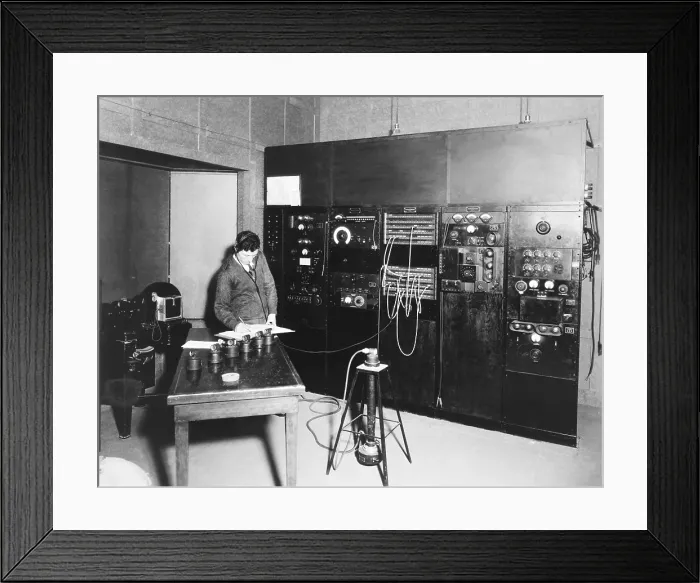 Framed Print : Sound engineer Harry Proodian testing microphones in a Fox motion picture studio. (CSU_2015_9_1014) Framed Print : Sound engineer Harry Proodian testing microphones in a Fox motion picture studio. (CSU_2015_9_1014)