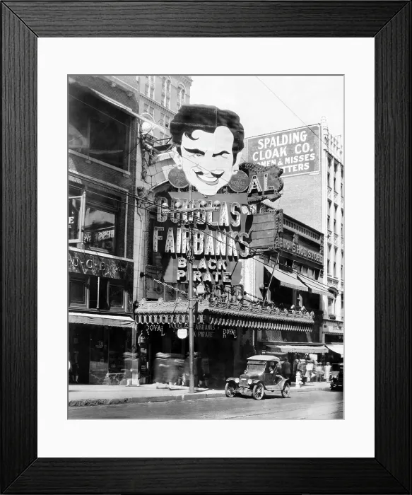 Framed Print : Massive sign promoting the screening of THE BLACK PIRATE with Douglas Fairbanks, Sr. at the Royal Theater movie house, 1022 Main Street, Kansas City, Missouri. 1926 Framed Print : Massive sign promoting the screening of THE BLACK PIRATE with Douglas Fairbanks, Sr. at the Royal Theater movie house, 1022 Main Street, Kansas City, Missouri. 1926