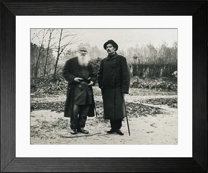 Framed Print : The writers Lev Tolstoy (left and Maxim Gorky) at Tolstoy's rural house in Ysnaya Poliana (1908). AISA / Everett Collection**US SALES ONLY**