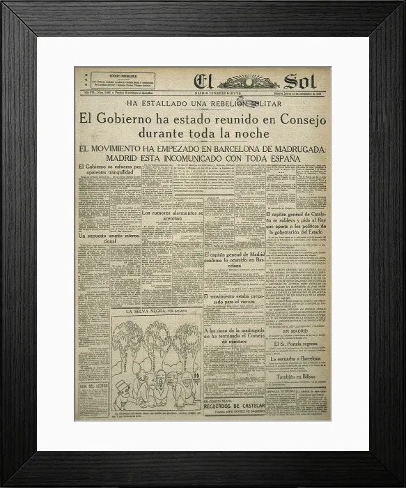Framed Print : Spain (1923). Newspaper 'El Sol' (12th September 1923). Cover with the new of the Primo de Rivera's military uprising. SPAIN. Madrid