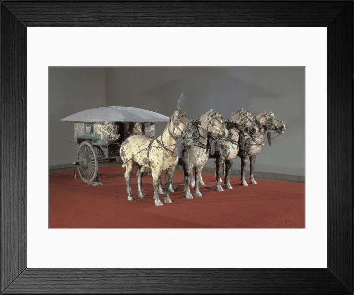 Framed Print : Bronze chariot drawn by four horses. 3rd BC. CHINA. Lintong. Lishan. Mausoleum of Qin Shi Huangdi. Chinese art. Qin period. Sculpture on bronze
