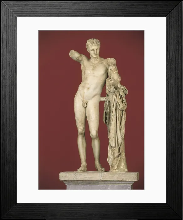 Framed Print : PRAXITELES (flourished 370, -330 BC). Hermes bearing the infant Dionysus. ca. 330 BC. Hermes carrying the child Dionysus to the nymphs who were charged with his rearing