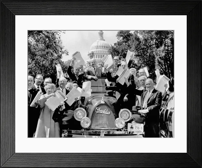 Framed Print : Senior citizens in Washington. They are waving petitions to the House Ways and Means Committee in support of Pres. Johnson's recommended 20% social security increase