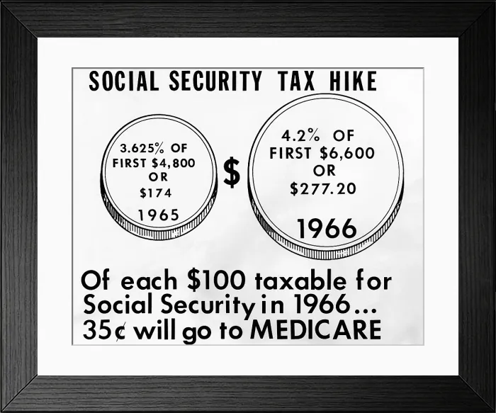 Framed Print : 1965 Social Security Tax Hike. The increase boosted the maximum yearly tax to $277.20, a hike of 59% over the previous maximum
