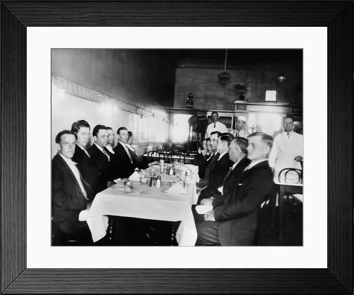 Framed Print : All White jury in the Scottsboro case. The all male, all white, jury at lunch during a court recess in Decatur, Alabama. April 3, 1933