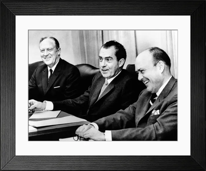Framed Print : President Richard Nixon with members of the National Security Council. L-R: William Rogers, Secy of State; Nixon; Melvin Laird, Secy. Defense. Jan.21, 1969 Framed Print : President Richard Nixon with members of the National Security Council. L-R: William Rogers, Secy of State; Nixon; Melvin Laird, Secy. Defense. Jan.21, 1969