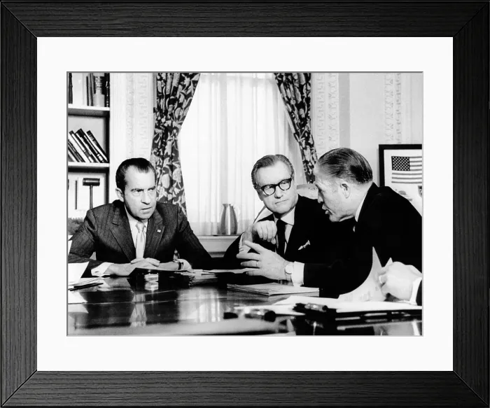 Framed Print : President Richard Nixon meets with Gov. Nelson Rockefeller and HUD Secy George Romney. They discussed the President's revenue sharing plan. Mar. 5, 1971