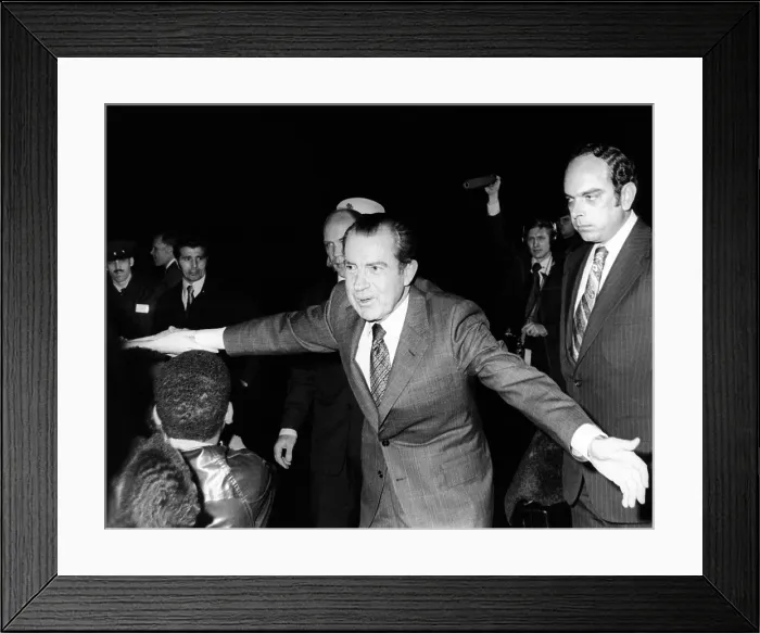 Framed Print : President Richard Nixon extends himself greeting people at Angra do Heroismo, Azores. He was leaving after a two day summit meeting with French President George Pompidou