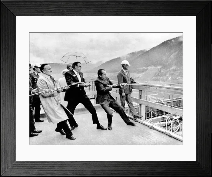 Framed Print : Dam building ceremony in Montana. President Richard Nixon helps Sen. Mike Mansfield, and Rep