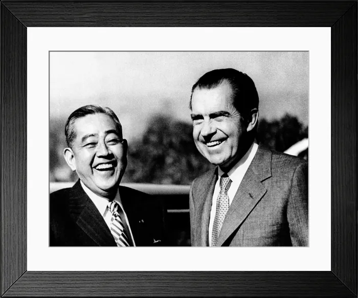 Framed Print : President Richard Nixon and Japanese Prime Minister Eisako Sate share a laugh on the first of two days of private talks. San Clemente, California. Jan. 6, 1972