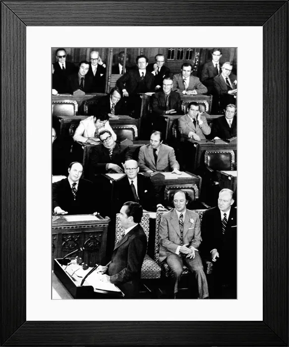 Framed Print : President Richard Nixon addressing a Joint Session of the Canadian Parliament. In the front row is Prime Minister Pierre Trudeau and US Secretary of State William Rogers