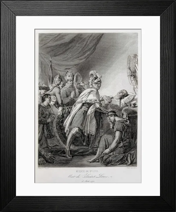 Framed Print : Eighth Crusade (1270). Deat of Saint Louis in front of Tunisia on 25th August, surrounded by French princes and the emissaries ef the Byzantine emperor Baldwin II