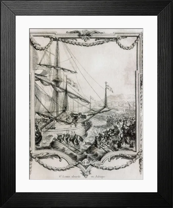 Framed Print : Seventh Crusade (1248). Louis IX disembarking in the north of Africa. Engraving of 'Nouvel abrege chronologique de l'Histoire de France' by Adrien Richer (1767)