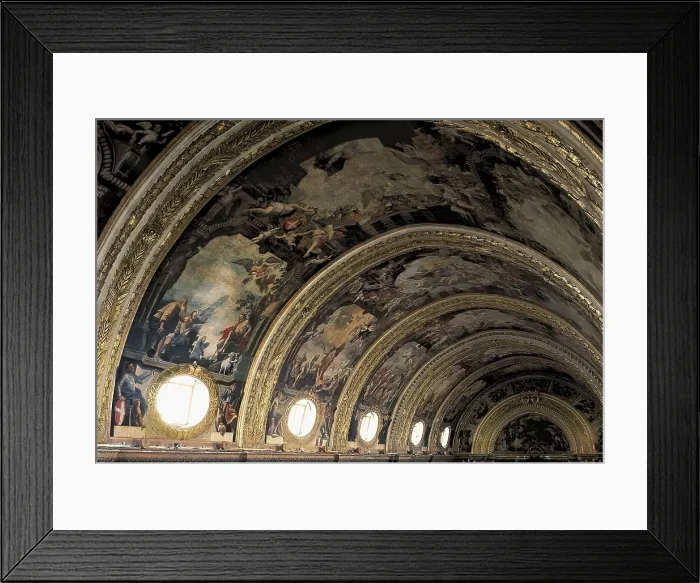 Framed Print : MALTA. Valletta. Cathedral of Saint John the Baptist. Scenes of Saint John the Baptist, by Mattia Preti. Decorations of the vault of the main nave of the cathedral (1662-1667) Framed Print : MALTA. Valletta. Cathedral of Saint John the Baptist. Scenes of Saint John the Baptist, by Mattia Preti. Decorations of the vault of the main nave of the cathedral (1662-1667)