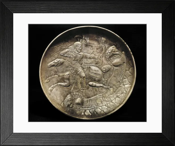 Framed Print : Hunting of the King. 226 - 652. Silver plate decorated with lion hunting scene. Persian art. Sasanian art. Jewelry. IRAN. Tehran. Archaeological Museum