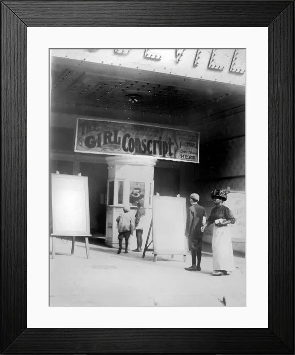Framed Print : People in front of a movie theater showing THE GIRL CONSCRIPT, Wilmington, Delaware, photograph by Lewis Wickes Hine, May, 1910