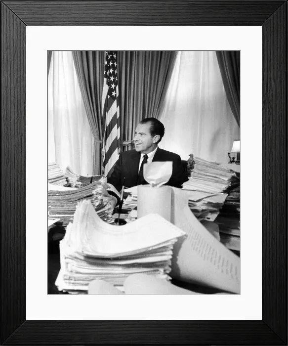 Framed Print : President Richard Nixon sitting among stacks of telegrams supporting his Vietnam policy Framed Print : President Richard Nixon sitting among stacks of telegrams supporting his Vietnam policy