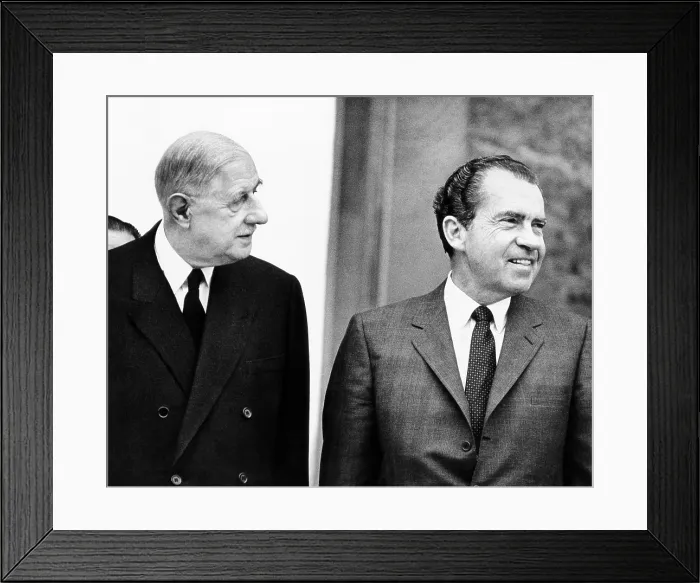 Framed Print : French President Charles de Gaulle and Richard Nixon in Paris for private talks. Newly inaugurated President Nixon was on a goodwill tour of Europe. March 1, 1969 Framed Print : French President Charles de Gaulle and Richard Nixon in Paris for private talks. Newly inaugurated President Nixon was on a goodwill tour of Europe. March 1, 1969