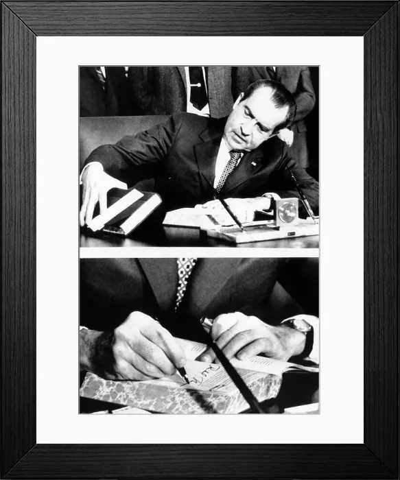 Framed Print : President Richard Nixon signing the budget for fiscal 1972 which he is sending to Congress