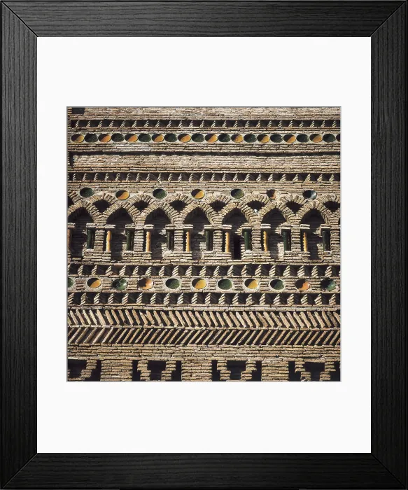 Framed Print : Church of Santa Mara. 13th-14th c. SPAIN. ARAGON. ZARAGOZA. Ateca. Tower wall, with structure of Almohad minaret decorated with horseshoe arches and green ceramics. Mudejar art
