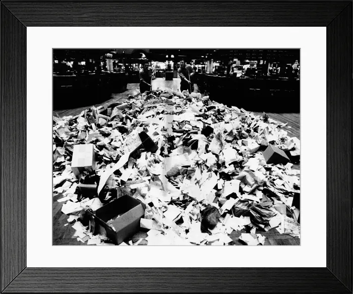 Framed Print : Paper refuse after heavy trading on the New York Stock Exchange on Oct. 10, 1974. The day saw its best monthly gain since Gerald Ford became president on August 9, 1974 Framed Print : Paper refuse after heavy trading on the New York Stock Exchange on Oct. 10, 1974. The day saw its best monthly gain since Gerald Ford became president on August 9, 1974
