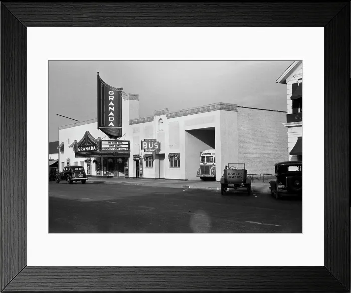 Framed Print : Southern California architecture in Lawrence, Kansas, the Granada Theater is showing ROOM SERVICE, with the Marx Brothers, photograph by John Vachon, October, 1938 Framed Print : Southern California architecture in Lawrence, Kansas, the Granada Theater is showing ROOM SERVICE, with the Marx Brothers, photograph by John Vachon, October, 1938