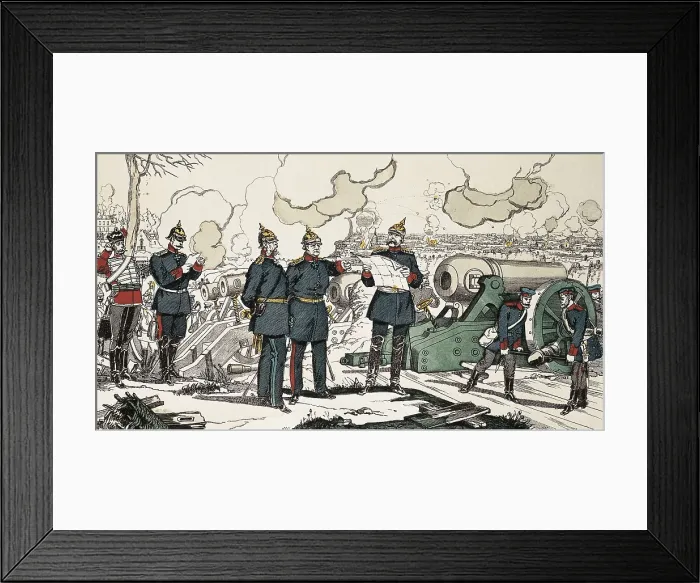 Framed Print : Franco-Prussian War (1870-1871). Siege and bombardment of Pars by the Prussian army. From left to right, Prussian king William I, general Moltke and chancellor Bismarck. Etching Framed Print : Franco-Prussian War (1870-1871). Siege and bombardment of Pars by the Prussian army. From left to right, Prussian king William I, general Moltke and chancellor Bismarck. Etching