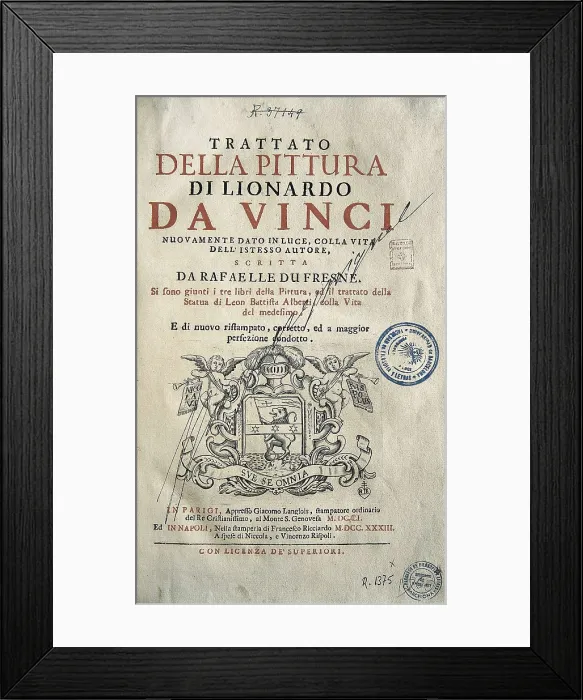 Framed Print : LEONARDO DA VINCI (1452-1519). 'Teatrise on Painting'. Edition printed in Naples by Francesco Ricciardo and Vincenzo and Nicola Rispoli (1733). Frontispiece. SPAIN Framed Print : LEONARDO DA VINCI (1452-1519). 'Teatrise on Painting'. Edition printed in Naples by Francesco Ricciardo and Vincenzo and Nicola Rispoli (1733). Frontispiece. SPAIN