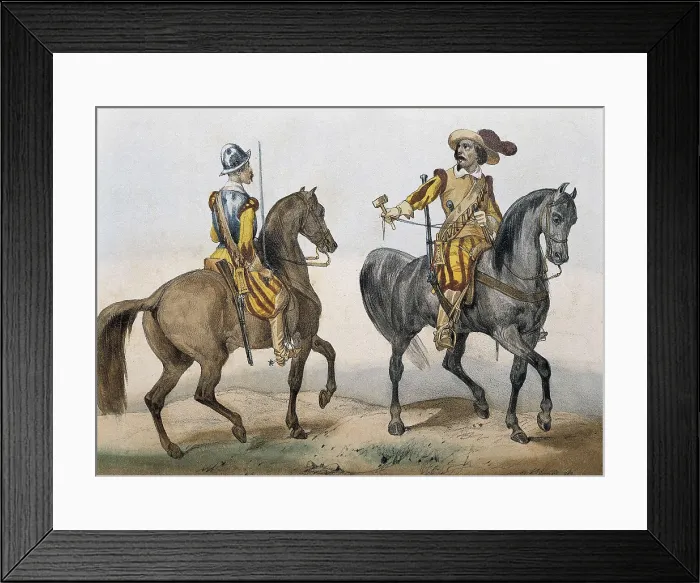 Framed Print : Equestrian arcabussier and man-at-arms (1621-1700). Image from 'Historia orgnica de las armas de la Infantera y Caballera' by Teniente General Conde de Clonard Framed Print : Equestrian arcabussier and man-at-arms (1621-1700). Image from 'Historia orgnica de las armas de la Infantera y Caballera' by Teniente General Conde de Clonard