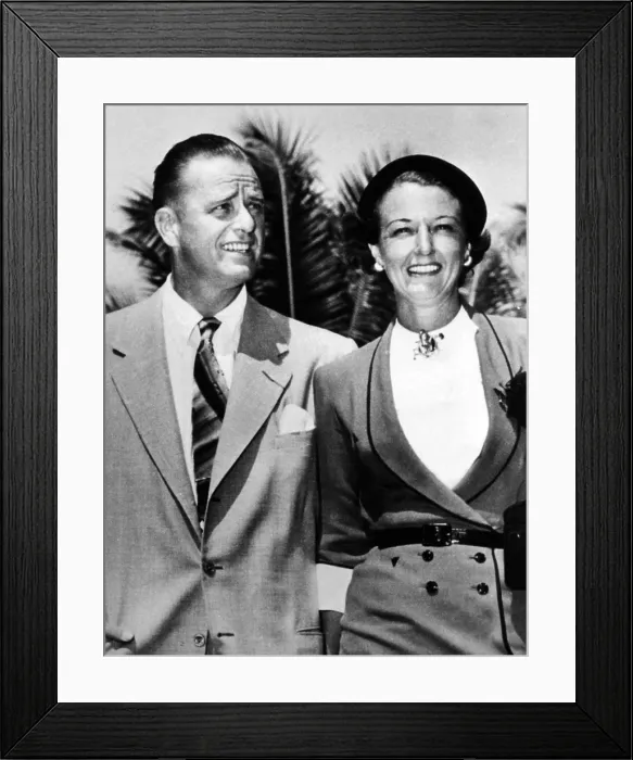 Framed Print : Elliot Roosevelt with his 4th wife, Minnewa Bell Ross. They were married in a private wedding in her Miami Beach Home in March 1951 and divorced in 1960