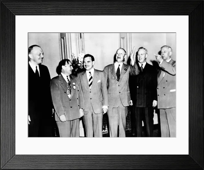 Framed Print : GOP presidential hopefuls at the 1948 Republican National Convention in Philadelphia. L-R: Gov. Howard Stassen; Speaker the House Joseph Martin, Jr.; Gov. Thomas Dewey, Sen Framed Print : GOP presidential hopefuls at the 1948 Republican National Convention in Philadelphia. L-R: Gov. Howard Stassen; Speaker the House Joseph Martin, Jr.; Gov. Thomas Dewey, Sen