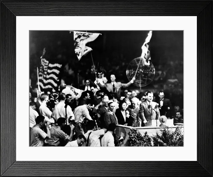 Framed Print : Gov. Thomas Dewey, the 1948 Republican Presidential Nominee. He is cheered by GOP convention delegates. Behind him stands Mrs