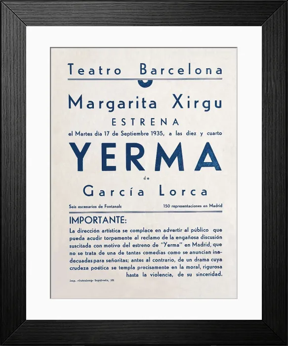 Framed Print : 'Yerma', by Federico Garca Lorca. Poster advertising the premiere at the Barcelona Theatre, starring Margarida Xirgu (17th September 1935). SPAIN. Madrid