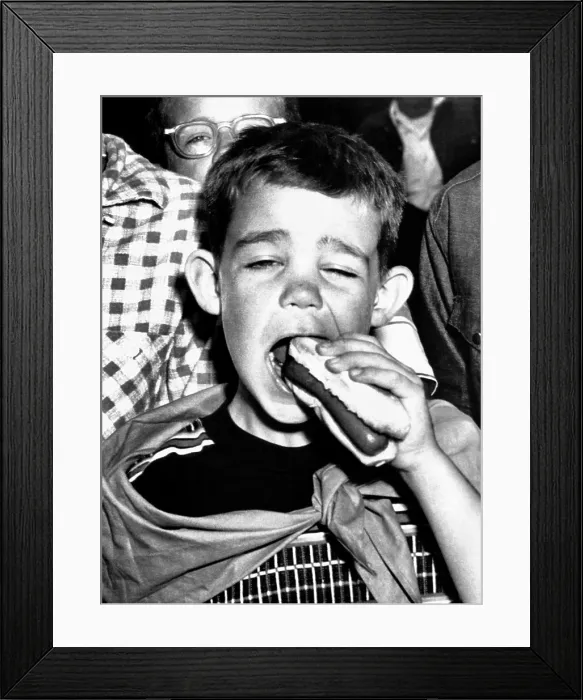 Framed Print : Dwight David Eisenhower II. He eats a hot-dog at a picnic given for him by his grandfather, President Eisenhower at Aksel Eielsen's Byers Peak ranch near Fraser, Colo