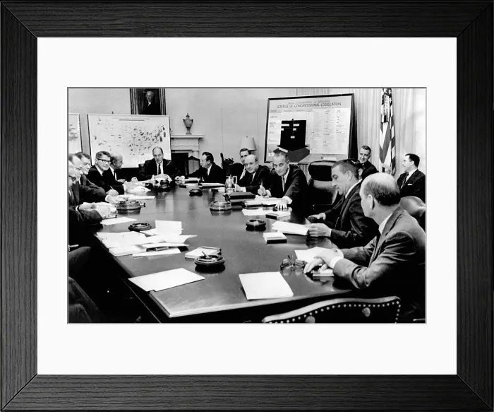 Framed Print : President Lyndon Johnson meets with his Cabinet. A chart lists the status of Congressional legislation. May 16, 1967