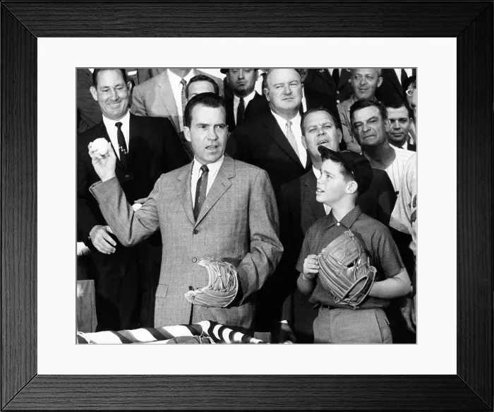 Framed Print : Vice President Nixon officially opens the 1959 baseball season. Beside him is young David Eisenhower, grandson of the President and Nixon's future son-in-law. April 7, 1969