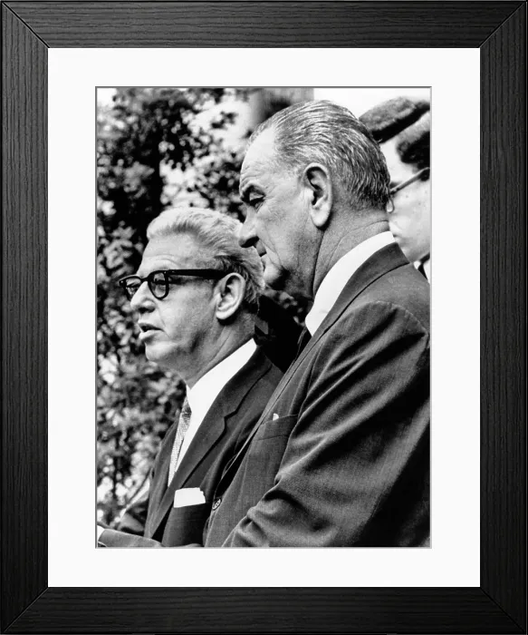 Framed Print : President Lyndon Johnson with Arthur Goldberg. They announced that Goldberg would leave the Supreme Court to become Ambassador to the United Nations, July 20, 1965