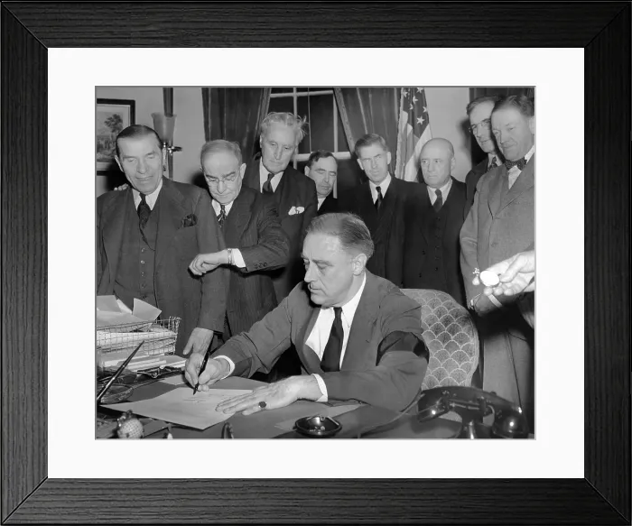 Framed Print : President Franklin D. Roosevelt signs the joint congressional resolution declaring war with Japan at 4:10 PM, Dec. 8, 1941. Standing L-R: Rep Framed Print : President Franklin D. Roosevelt signs the joint congressional resolution declaring war with Japan at 4:10 PM, Dec. 8, 1941. Standing L-R: Rep