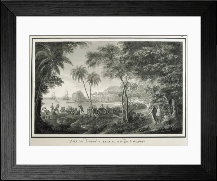 Framed Print : Asia. Pacific Island. Expedition of Malaspina (1789-1794). Anchorage of Umatac in Guam Island. Feather drawing by Fernando Brambila. Drawing. SPAIN. Madrid. America's Museum Framed Print : Asia. Pacific Island. Expedition of Malaspina (1789-1794). Anchorage of Umatac in Guam Island. Feather drawing by Fernando Brambila. Drawing. SPAIN. Madrid. America's Museum