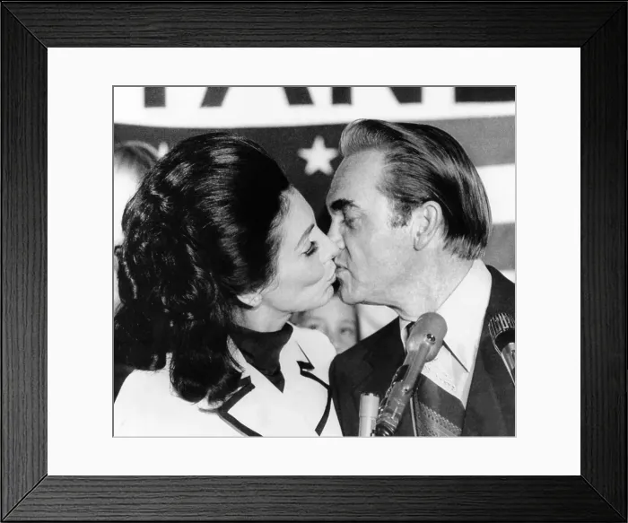 Framed Print : Alabama Governor George Wallace gets a kiss from his wife, Cornelia, after her won the Florida Democratic Primary on March 13, 1972 Framed Print : Alabama Governor George Wallace gets a kiss from his wife, Cornelia, after her won the Florida Democratic Primary on March 13, 1972