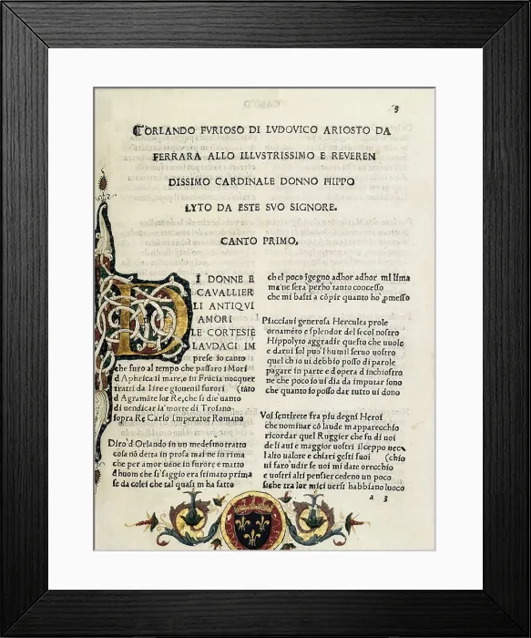 Framed Print : ARIOSTO, Ludovico (1474-1533). 'Orlando Furioso'. Canto one. Edition made in Ferrara (1516). Miniature Painting. FRANCE. Paris. National Library Framed Print : ARIOSTO, Ludovico (1474-1533). 'Orlando Furioso'. Canto one. Edition made in Ferrara (1516). Miniature Painting. FRANCE. Paris. National Library