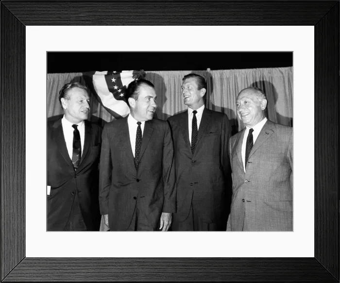 Framed Print : GOP presidential candidate Richard Nixon joins New York's top Republicans. All had been cool to his nomination, but pledged to help get him elected. L-R: Gov Framed Print : GOP presidential candidate Richard Nixon joins New York's top Republicans. All had been cool to his nomination, but pledged to help get him elected. L-R: Gov