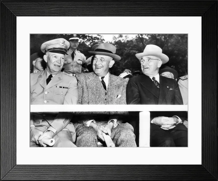 Framed Print : Harry Truman observing the first Armed Forces Day. Reviewing the parade in Washington, L-R: General Dwight Eisenhower; Secy of Defense, Louis Johnson; and President Truman