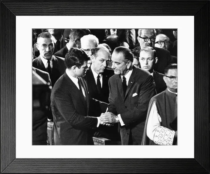 Framed Print : President Lyndon Johnson expresses his condolence to Senator Edward Kennedy. They were at the Requiem Mass for Senator Robert Kennedy in St. Patrick's Cathedral