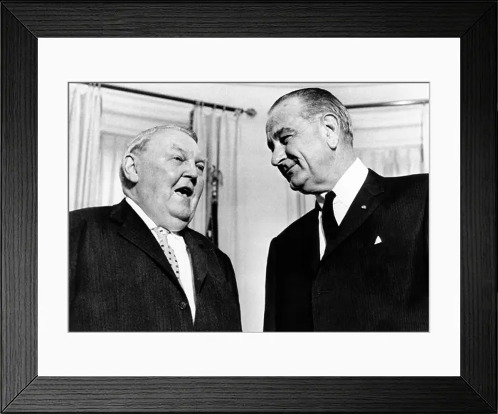 Framed Print : President Lyndon Johnson meeting with West German Chancellor Ludvig Erhard (left) Framed Print : President Lyndon Johnson meeting with West German Chancellor Ludvig Erhard (left)