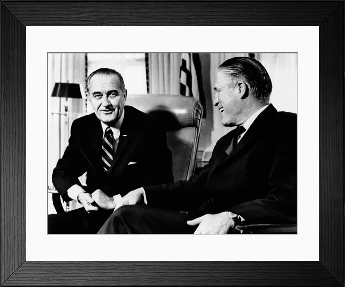 Framed Print : President Lyndon Johnson meeting with George Romney. LBJ met with the HUD Secretary-designate George Romney to ease the transition to the Richard Nixon Administration. Jan