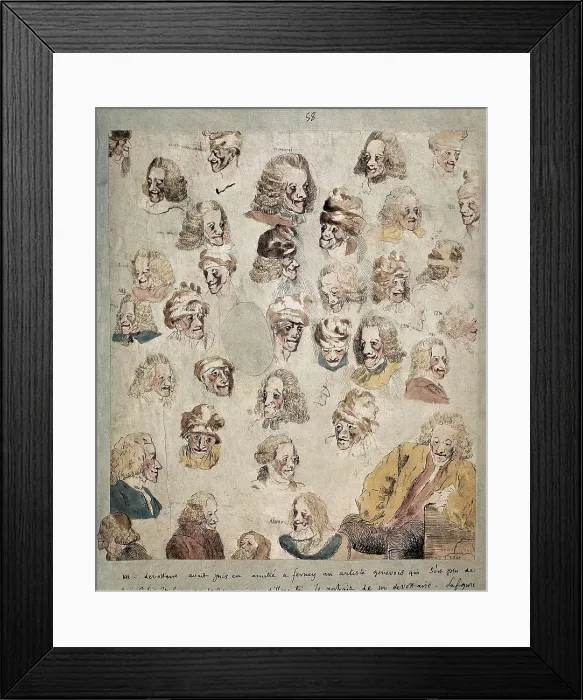 Framed Print : DENON, Dominique Vivant, baron (1747-1825); VOLTAIRE, Franois-Marie Arouet, also known as (1694-1778). Caricatures of Voltaire. Watercolour. FRANCE. Paris