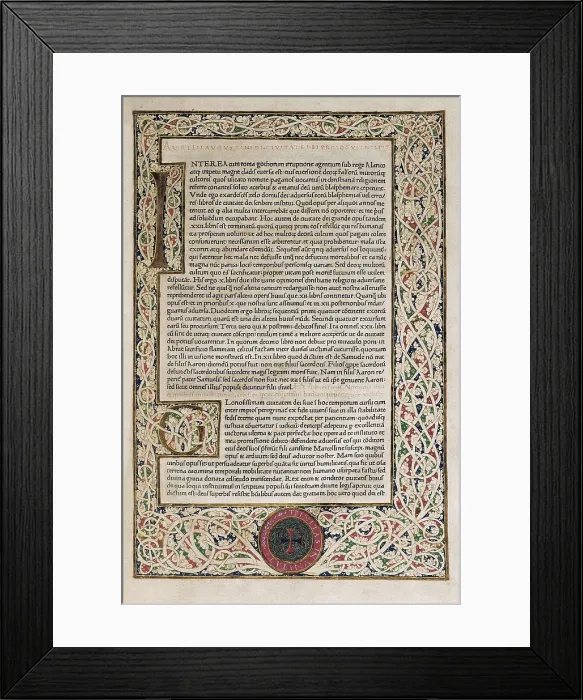 Framed Print : AUGUSTINE, Saint (354-430). Illuminated page from an edition of 'The City of God' by Saint Augustine published in Rome in 1468. Miniature Painting. SPAIN. Segovia