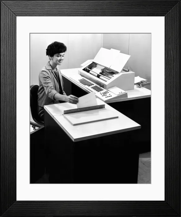 Framed Print : A new IBM computer, the 6400 magnetic ledger accounting machine Framed Print : A new IBM computer, the 6400 magnetic ledger accounting machine