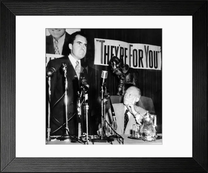 Framed Print : GOP Presidential candidate Dwight Eisenhower (right) listens as his running mate Sen. Richard Nixon. The appeared together at Eisenhower campaign headquarters in Washington, DC